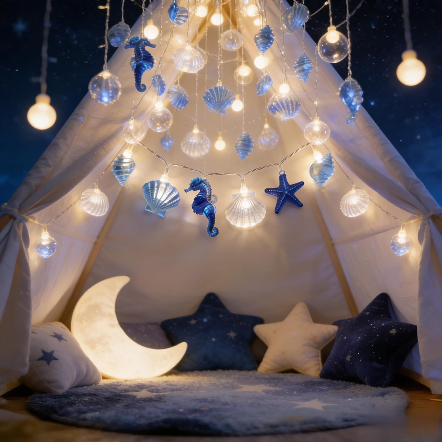 Ocean String Lights,Nautical Theme Beach Decor Fairy Lights with Seashell Seahorse Starfish, Conch,20 LED Battery Operated String Lights for Bedroom, Party, Wedding, Garden, Decoration(6.5FT)