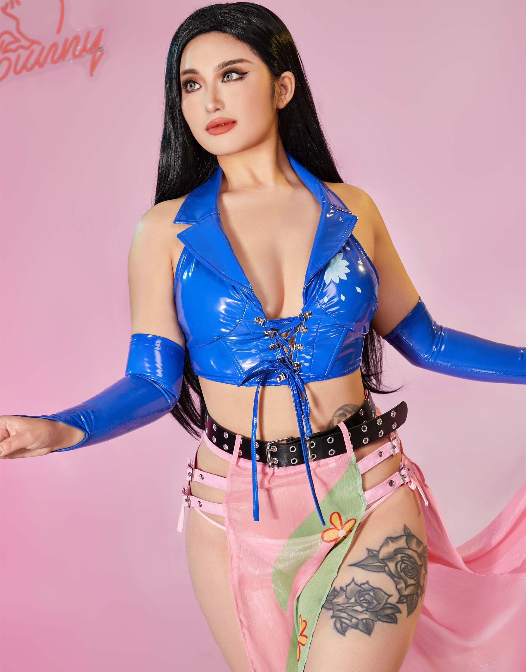 Mobbunny Women's Anime Cosplay Lingerie Set Deep V Lace-up Top and Slit Mesh Skirt with Gloves Outfit Halloween