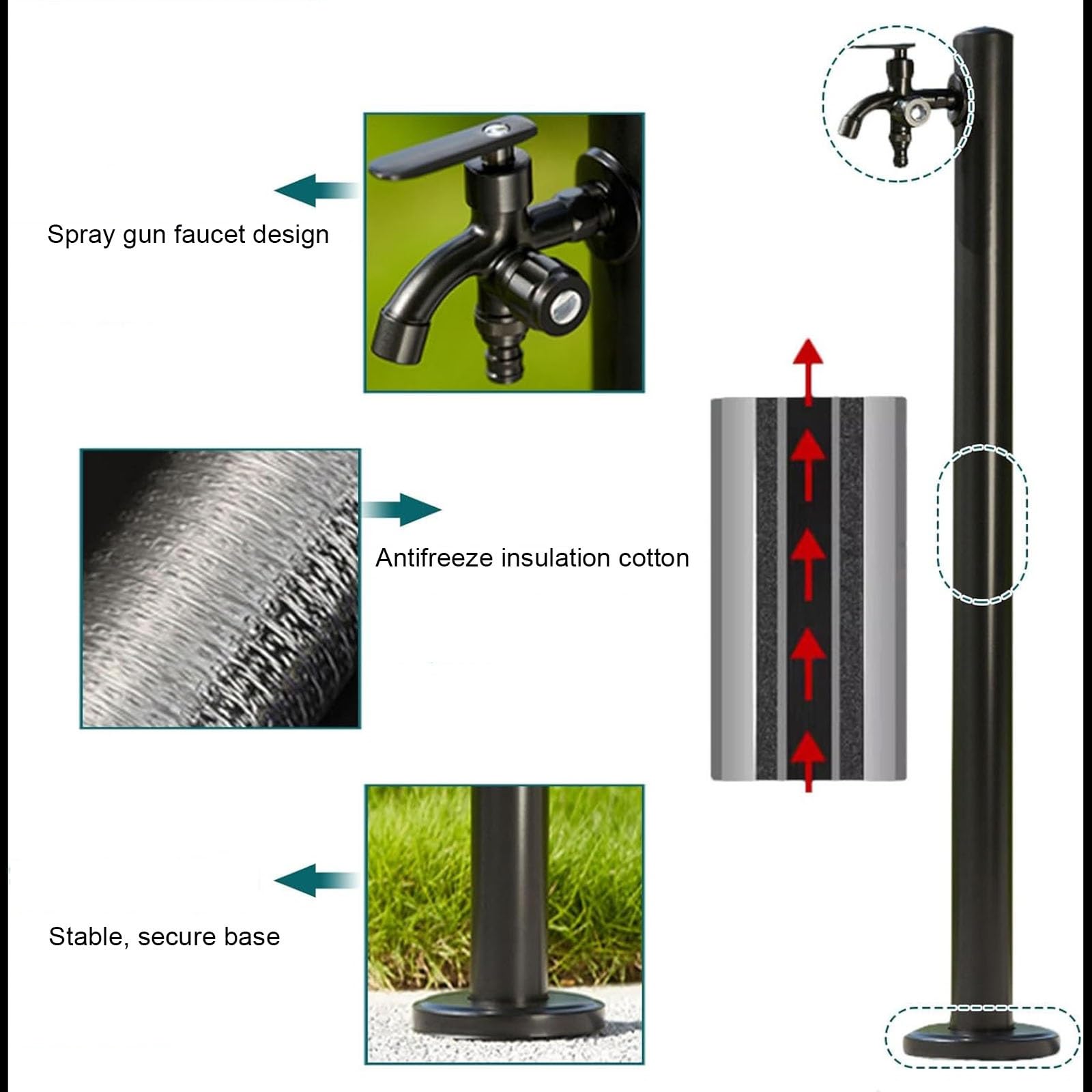 Fuente Jardin Exterior, Grifo de Doble Salida con Pistola Rociadora, Columna de Agua Independiente para Jardín, Grifo Exterior Sencillo de Acero Inoxidable(60 * 6cm/23 * 2in)