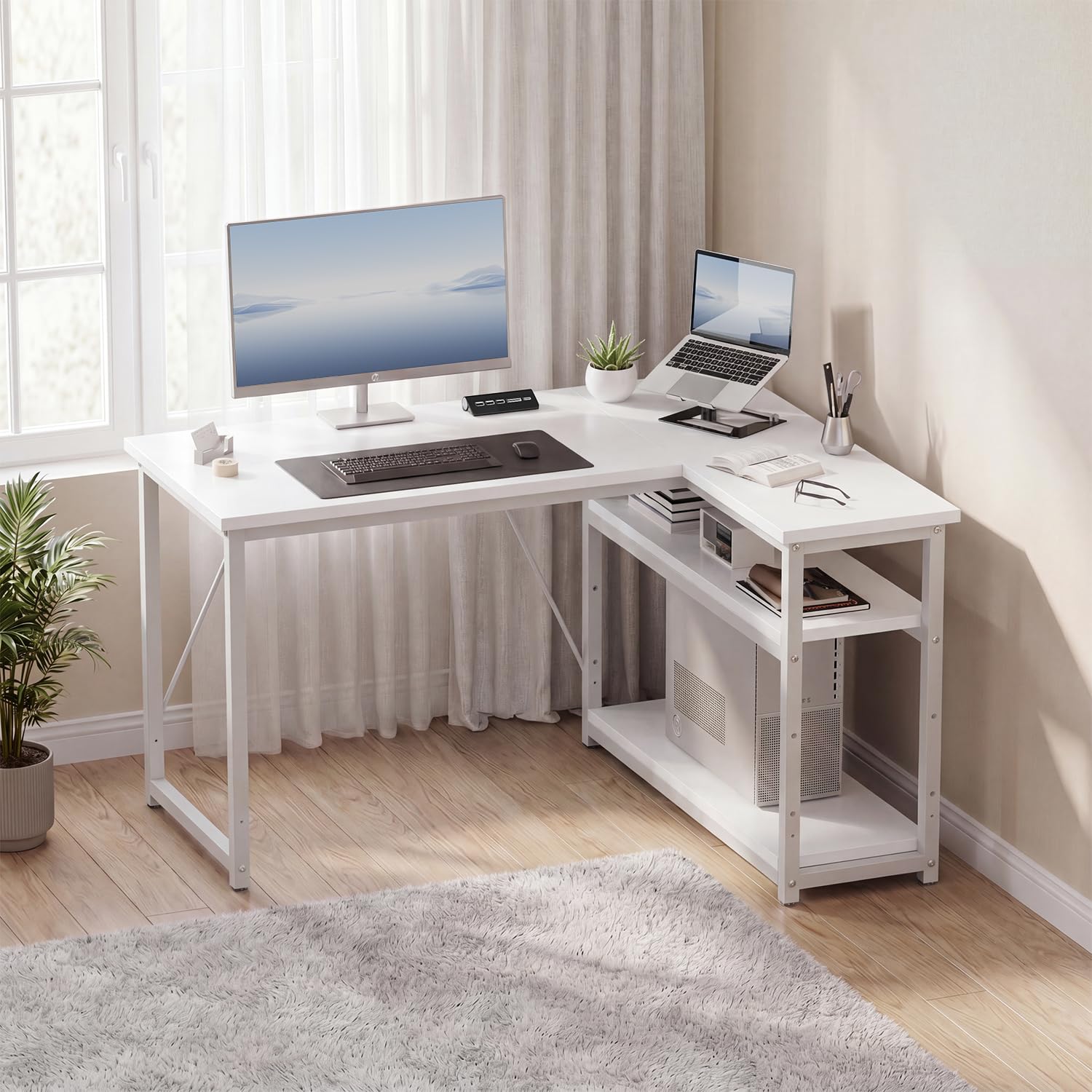 JUMMICO Scrivania Angolare Compatta a Forma L 100 x 80 cm Bianco | con Ripiano Portaoggetti, Tavolo Multiuso per Casa e Ufficio, Finitura Rovere Vintage, Tavola in legno, Telaio in Metallo
