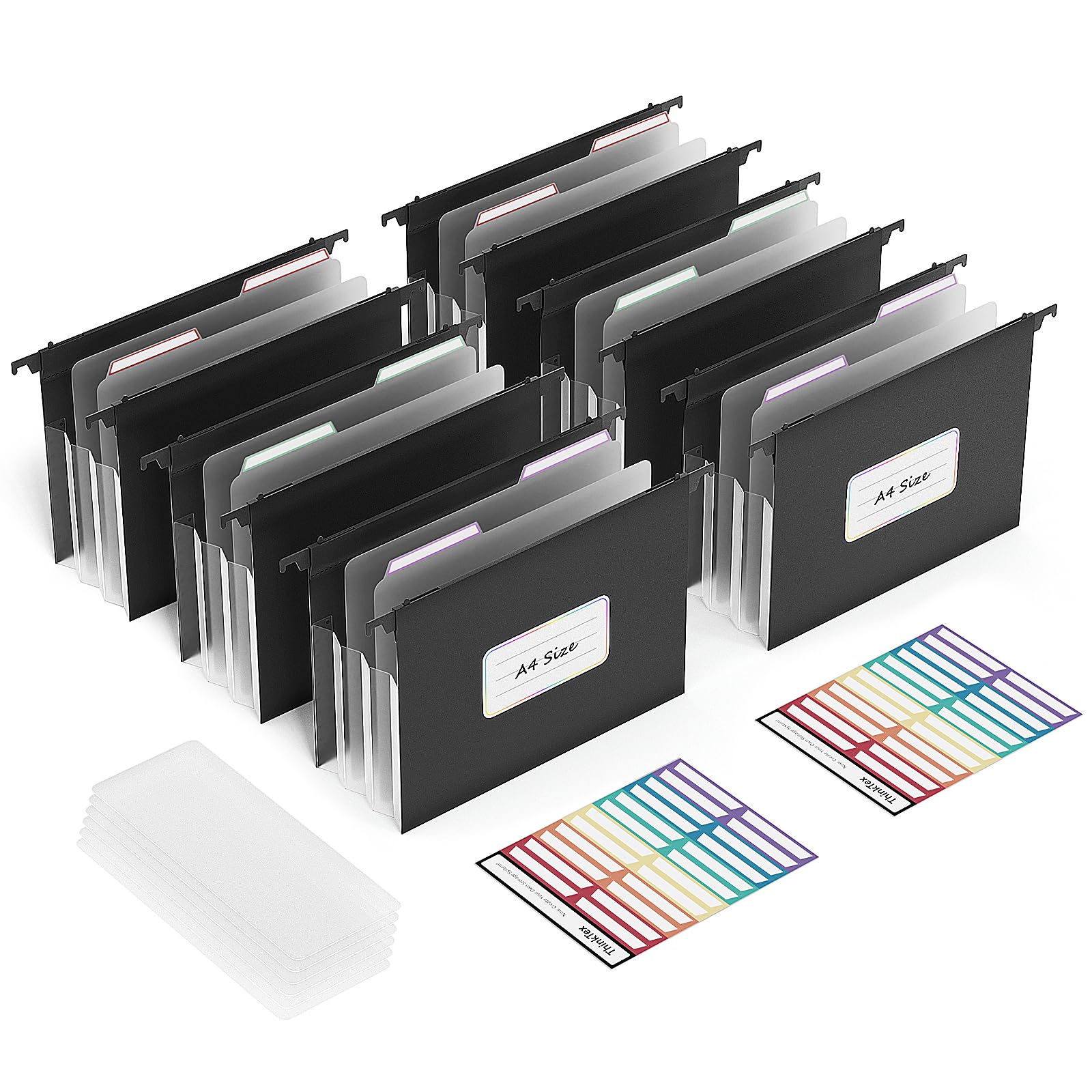 ThinkTex Plastikowe rozszerzane teczki na dokumenty, 12 cm kieszenie na koncerty, wielokolorowe zakładki, wiszące teczki Foolscap, rozmiar A4, do szafki na dokumenty, 6 szt