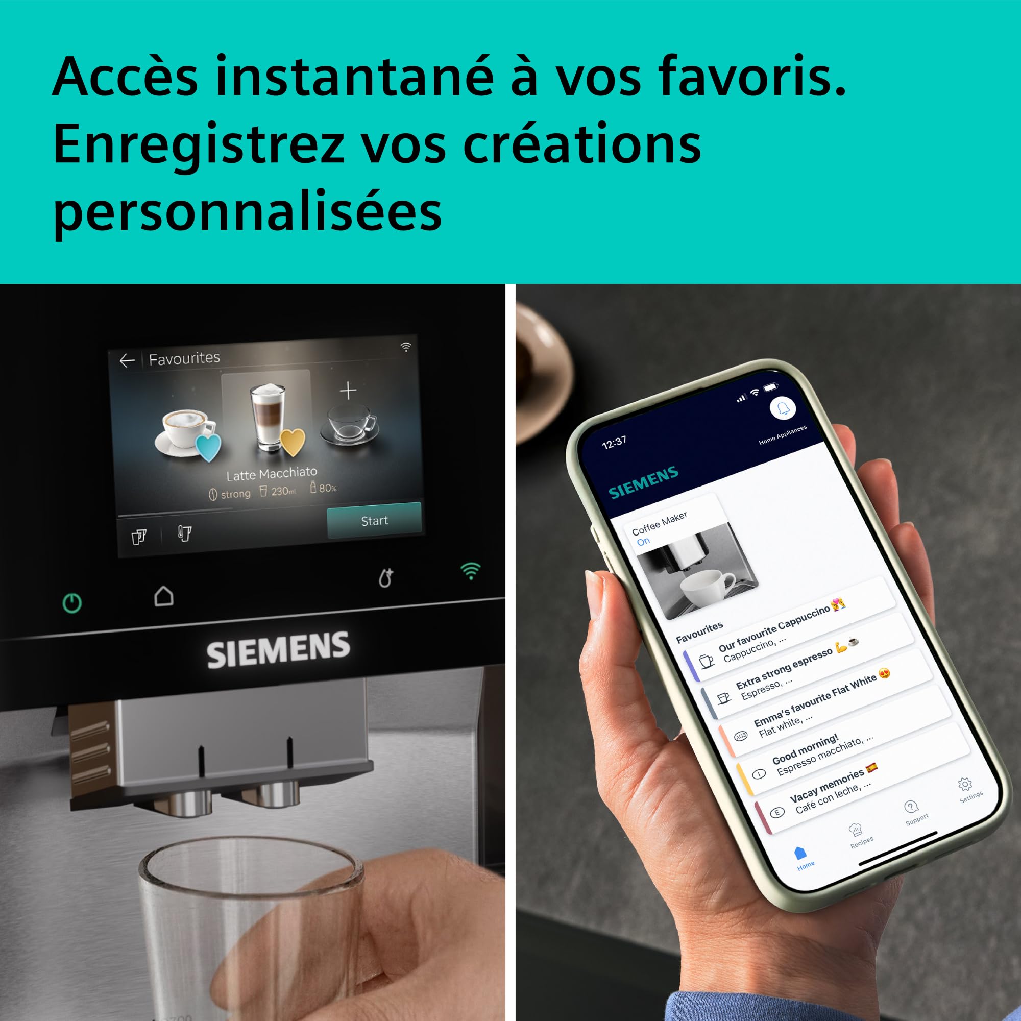 SIEMENS Machine à café entièrement automatique, EQ700 iAroma, écran tactile, récipient à lait intégré, chauffe-tasses, Cold Brew et Slow Brew, application Home Appliances, inox/noir, TQ727E03