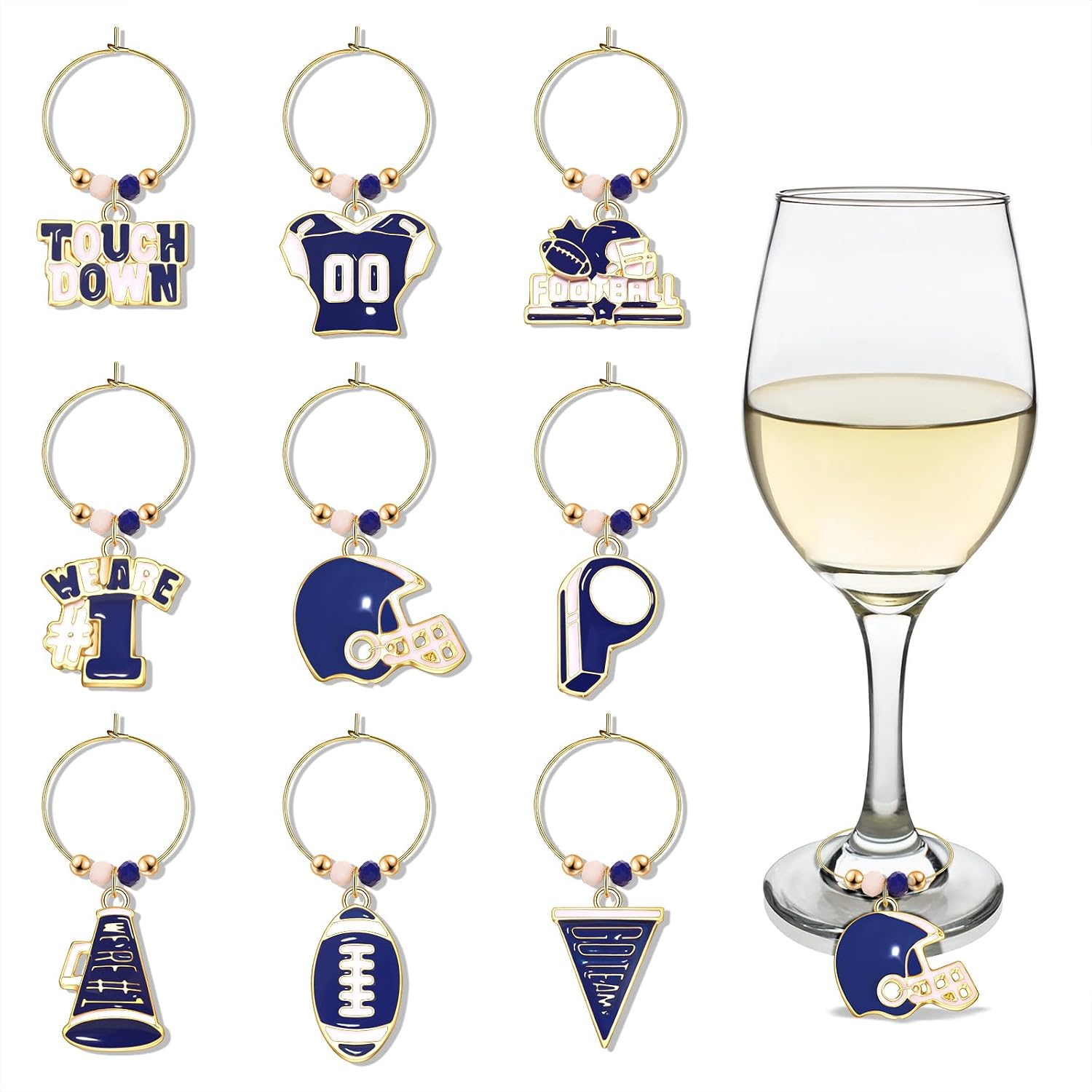 FAERLIIRY Football Wine Glass Charms Set of 9 Game Day Wine Charms Football Touch Down Steam Glasses Markers Drink Identifiers Tags for Cups Game Day Party Supplies Accessories