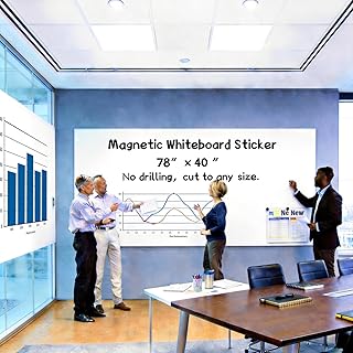 Huge Magnetic Whiteboard Sticker 78"x40" - Self-Adhesive Dry Erase Wall Decal for Office Teamwork & Conference Room, No Ghosting, Project Planner, Magnet Receptive, w/ 11 Markers & Magnets