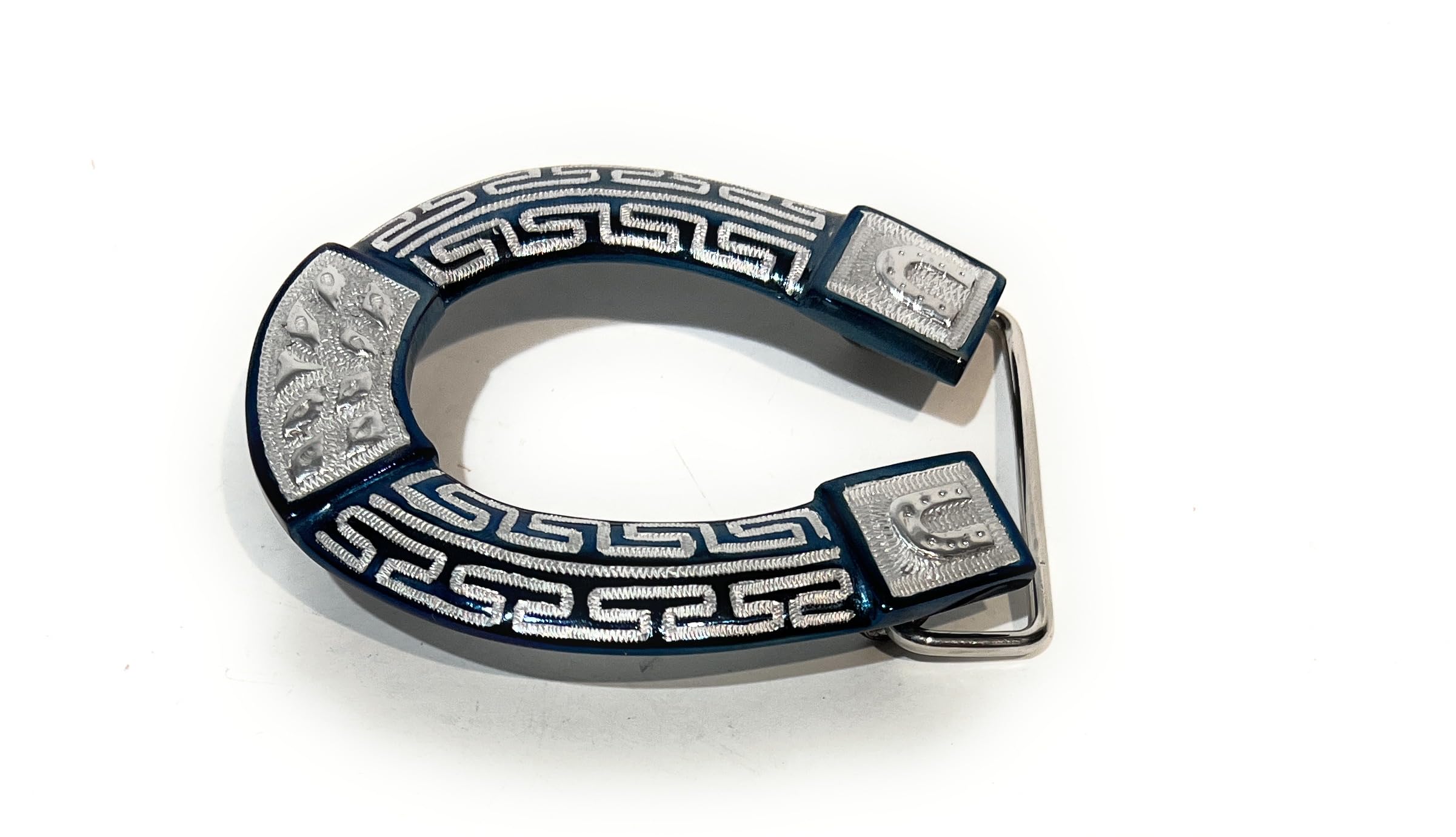 CHARRO SADDLE HORSE SHOE BLUE BELT BUCKLE. HEBILLA CHARRA HERRADURA. WESTERN COWBOY BELT BUCKLE