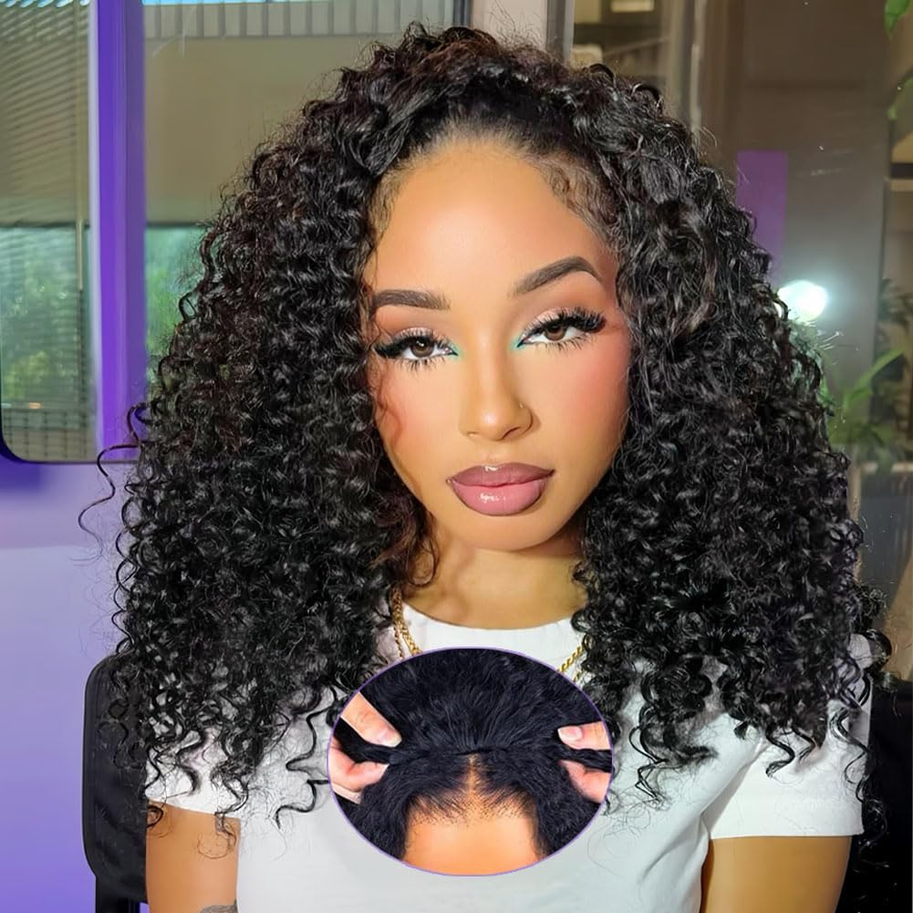 Half Wig Human Hair 200% Density Water Wave Glueless Wear and Go Wig with Adjustable String Seamless Flip Over Invisible Hairline Beginner Friendly Clip-In Headband Wig 16 Inch