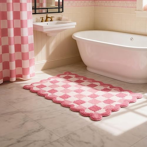 Miniatura 21 de ORTIGIA Alfombras de baño rosas con bordes ondulados, antideslizantes y lavables, tapetes de baño de microfibra suave y absorbente de secado rápido,