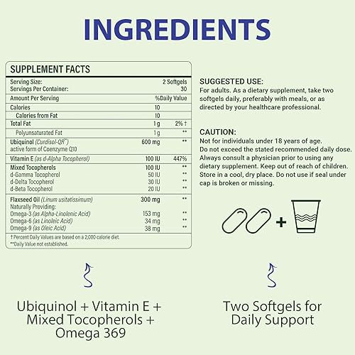Miniatura 2 de Cápsulas blandas CoQ10 de 600 mg  Suplemento de ubiquinol CoQ10 de alta absorción  Forma reducida mejorada con vitamina E y omega 3 6 9  Potencia