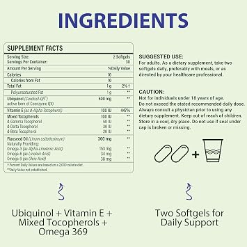 CoQ10 600mg Softgels | High Absorption CoQ10 Ubiquinol Supplement | Reduced Form Enhanced with Vitamin E & Omega 3 6 9 120 Softgels