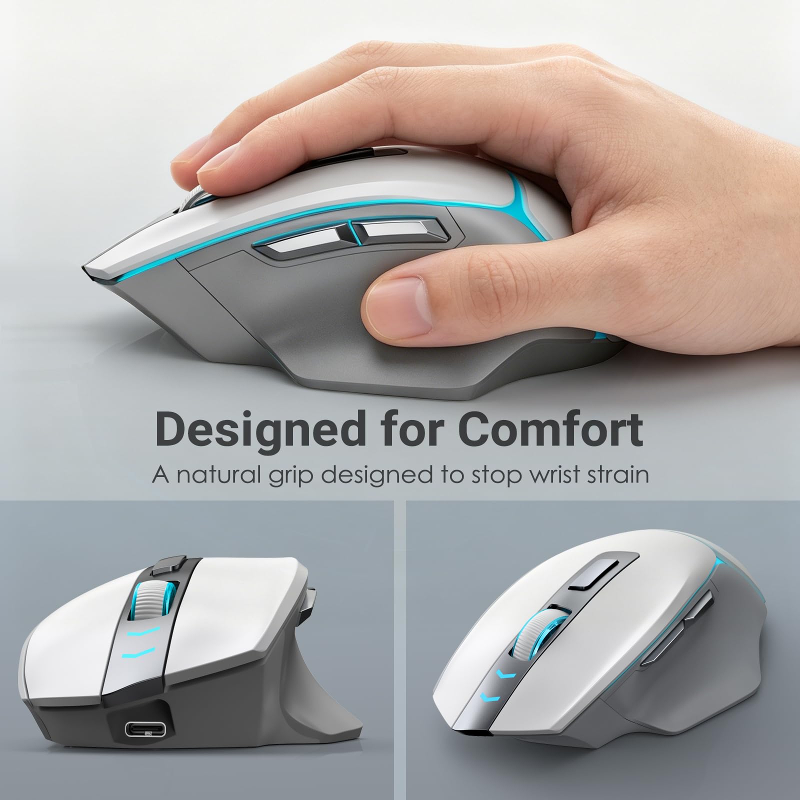 GAMCATZ Mouse da gioco wireless bianco per Mac e iPad, Bluetooth/2.4G/USB-C, mouse da gioco cablato con retroilluminazione a 12500 DPI, mouse ergonomico ricaricabile per computer portatile, PC e