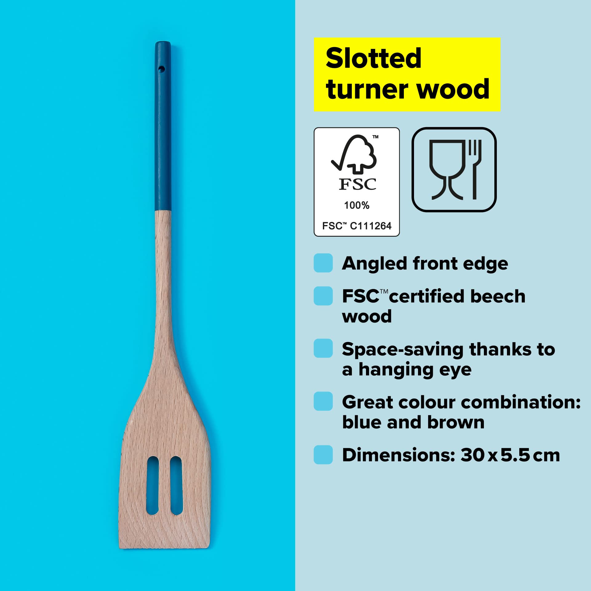 Tasty Wooden Slotted Turner Spatula with Bevelled Front Edge, Heat-Resistant Kitchen and Cooking Spatula with Modern Handle, Dishwasher-Safe, Dimensions: 30 x 5.5 cm, Colour: Light Wood & Dark Blue