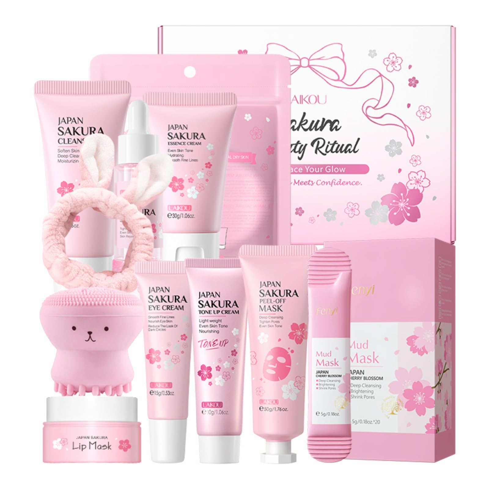 10 Pcs Sakura Skin Care Set, Cherry Blossom Gift Sets with Cleanser, Toner, Serum, Eye Cream, Tone Up Cream, Mud Mask, Peel Off Mask, etc, Facial Kit Daily Care for Women Girls, Mother's Day Gifts