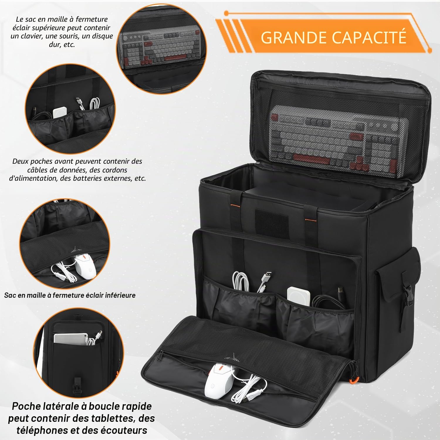 Housse de Transport pour Tour d'Ordinateur | Coque Rembourrée avec Compartiments pour Clavier, Souris, Câbles et Accessoires (Sac Uniquement)