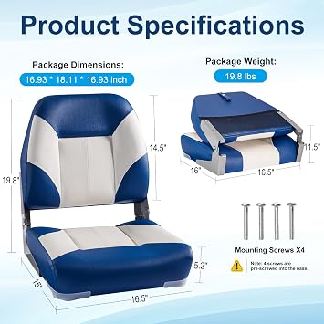 Boat Seating 2 Pack Fold-Down Fishing Boat Chair Blue and White