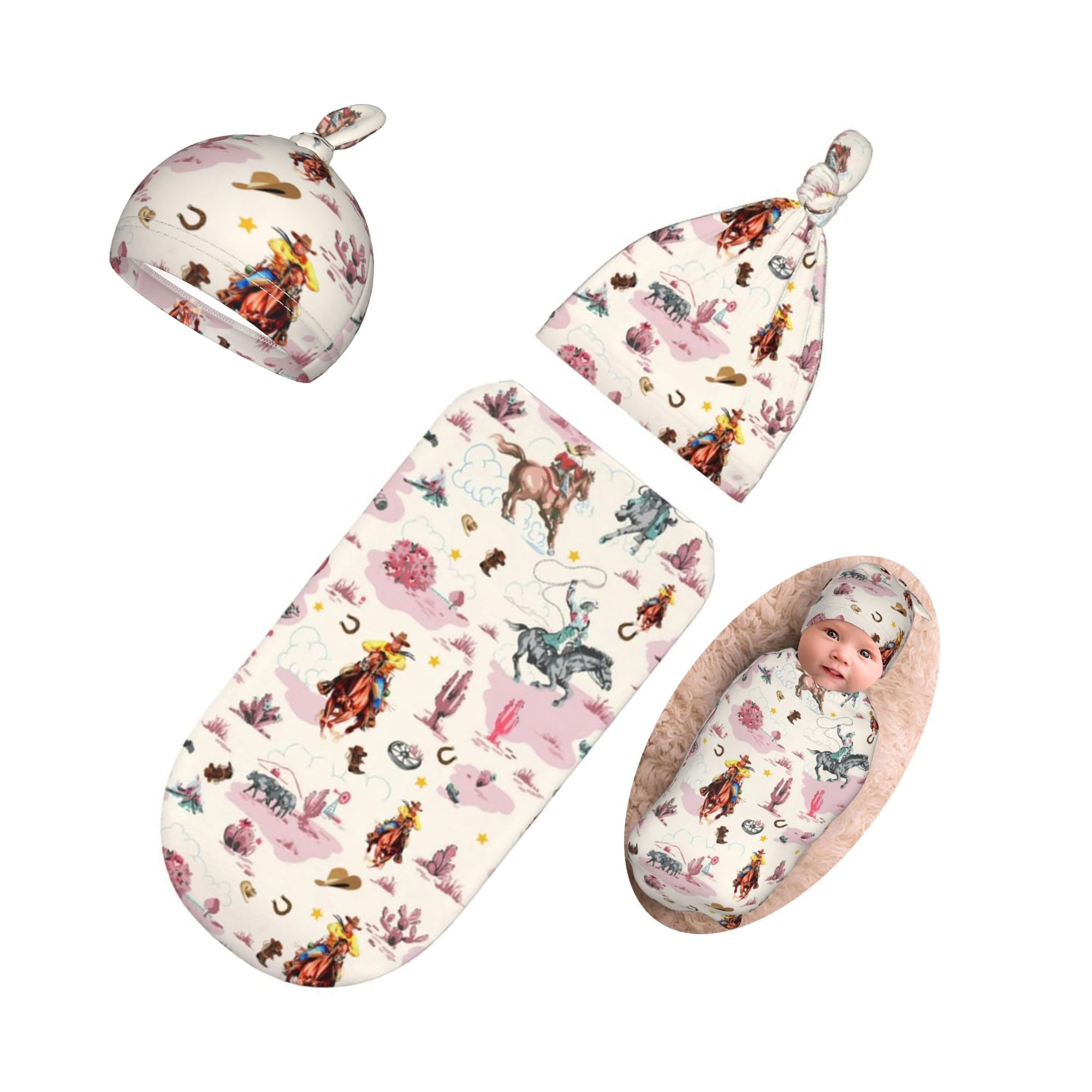 Personality Pink Western Newborn Swaddling Blanket Beanie Hat Funny Blanket Sleeping Bag New Born Sleep Sacks for Boys Girls