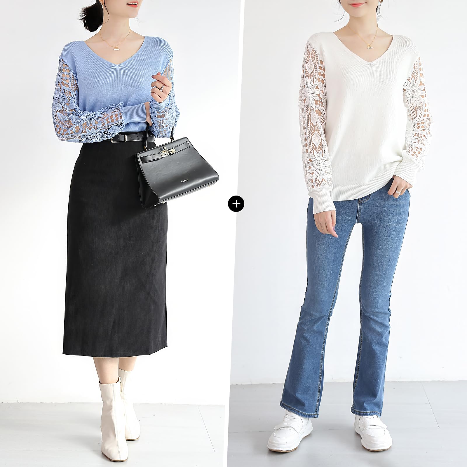 Qin Derdom Maglione in Pizzo da Donna - Elegante Pullover con Scollo a V e Occhielli all'Uncinetto, Manica Lunga, Maglia Leggera Traforata