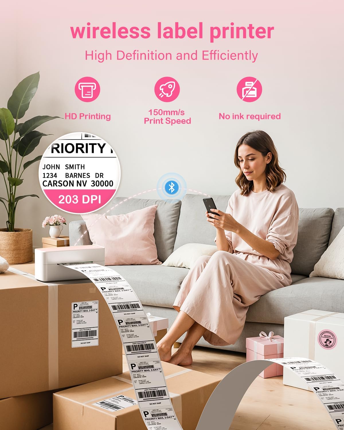 Bluetooth Thermal Label Printer 4X6 - Wireless Shipping Label Printer for Small Business & Packages - Pink Thermal Label Printer Shipping Label Makers, Compatible with iPhone, USPS, Etsy, Amazon