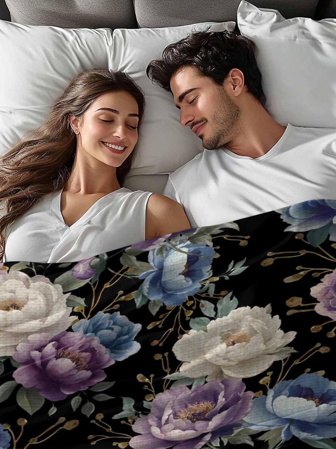 Country Flowers King Size Flat Sheet Only, Hotel Luxury Microfiber Bed Top Sheets, Botanical Purple Blue Floral Black Soft Breathable Bedding Sheet for Bedroom, Easy Care - 105" x 98"