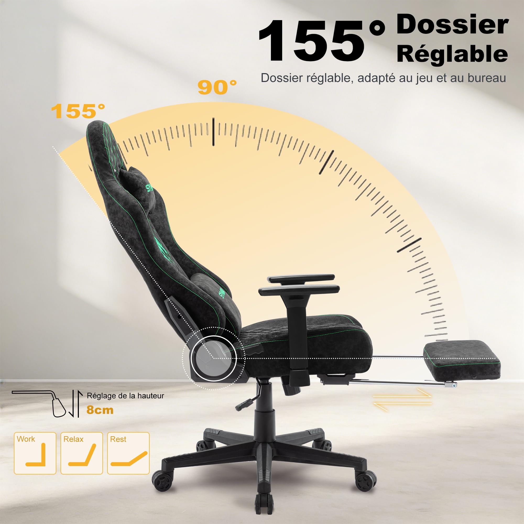 Symino Chaise Gamer Ergonomique - Fauteuil de Bureau avec Repose-Pieds Télescopique, Support Lombaire et Hauteur Réglable - 200kg (Simili Cuir Black)