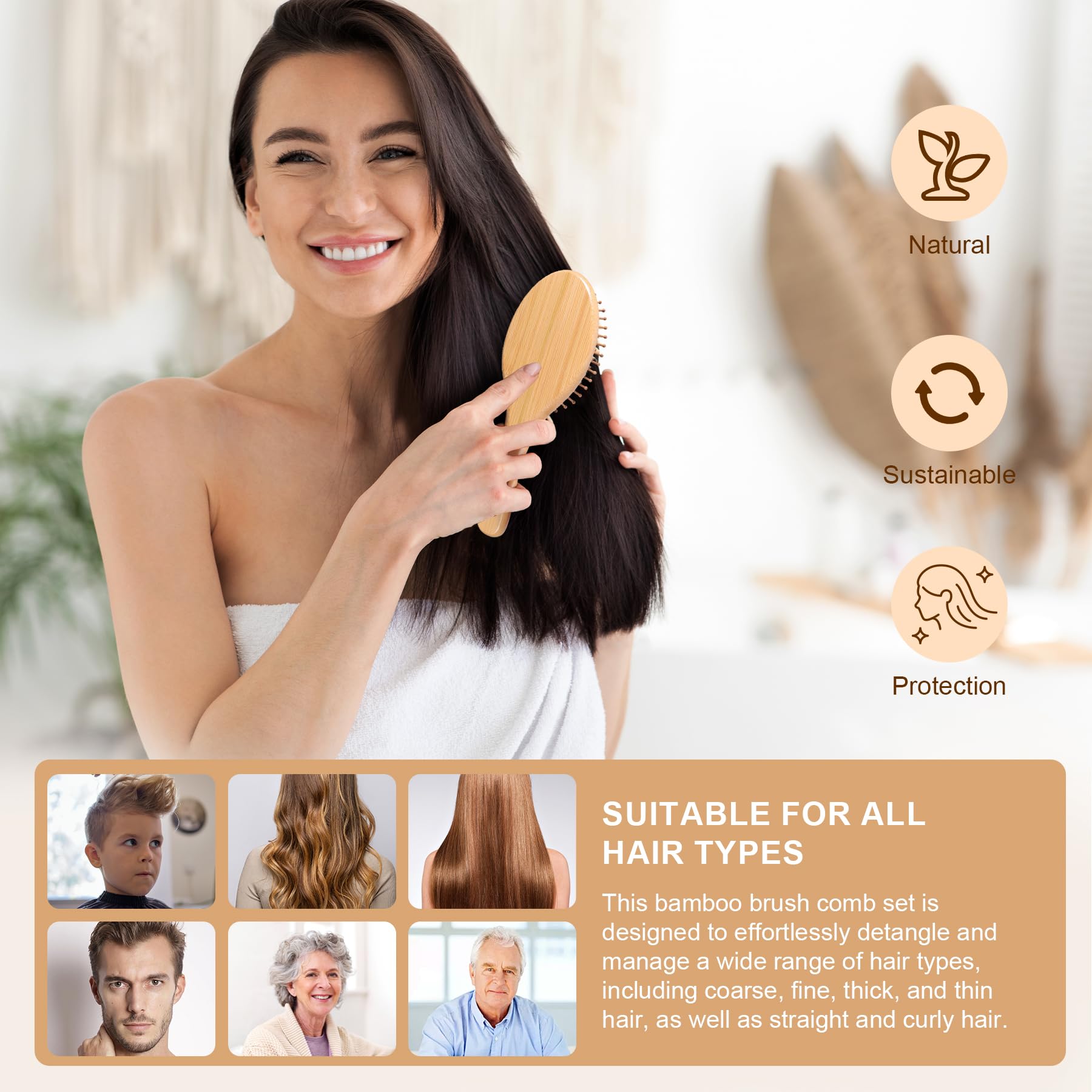 DEBETOOL Juego de cepillo y peine de bambú, cepillo de madera natural y bambú para el crecimiento del cabello con peine de cola de dientes anchos, diseño ergonómico para cabello grueso, fino, rizado,