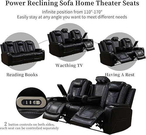 Miniatura 4 de Juego de sillones reclinables eléctricos con luces LED, juego reclinable de cuero acolchado con aire con puerto USB/almacenamiento/portavasos/luz de