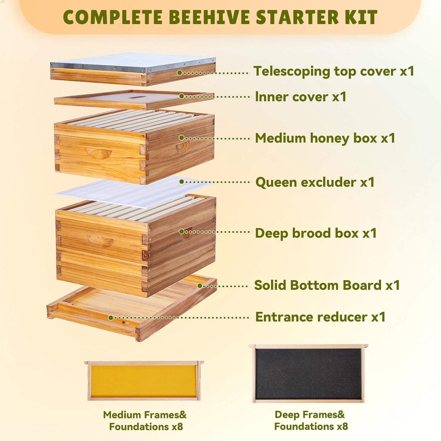 8 Frame Bee Hive Complete Beehive Kit Dipped in Beeswax Include Beehive Frames and Waxed Foundation Sheets for Beekeeping (1 Deep Brood & 1 Medium Super Bee Boxes)