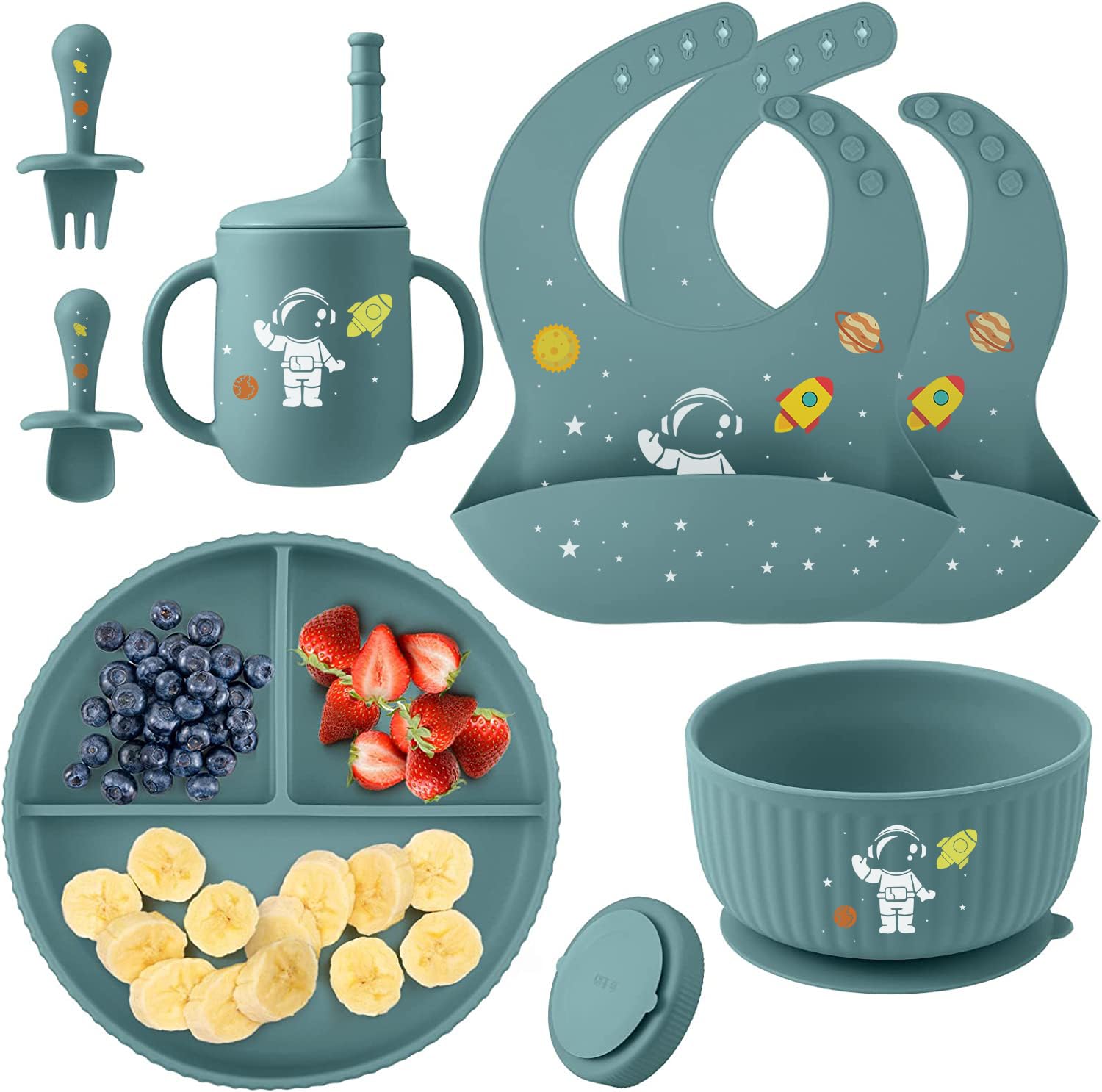 Baby Weaning Set including Pattern, Suction Bowls Sets, Silicone Baby Feeding Set