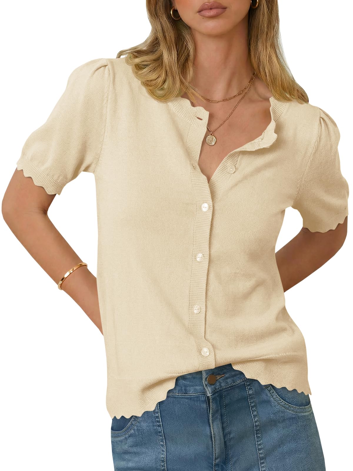 Saodimallsu Womens Puff Short Sleeve Cardigans Lightweight Button Down Shirts Crew Neck Casual Knit Sweater Tops