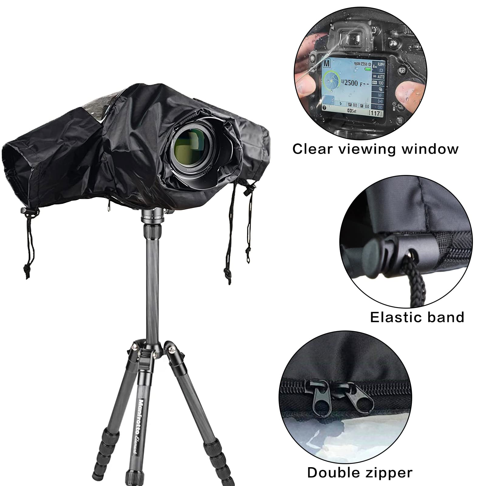 Protection Pluie Appareil Photo, Housse de Pluie pour Appareil Photo avec Fenêtre Transparente et Double Fermeture Éclair, Extérieur PVC, pour Reflex et Hybrides, Objectif Jusqu’à 22 cm