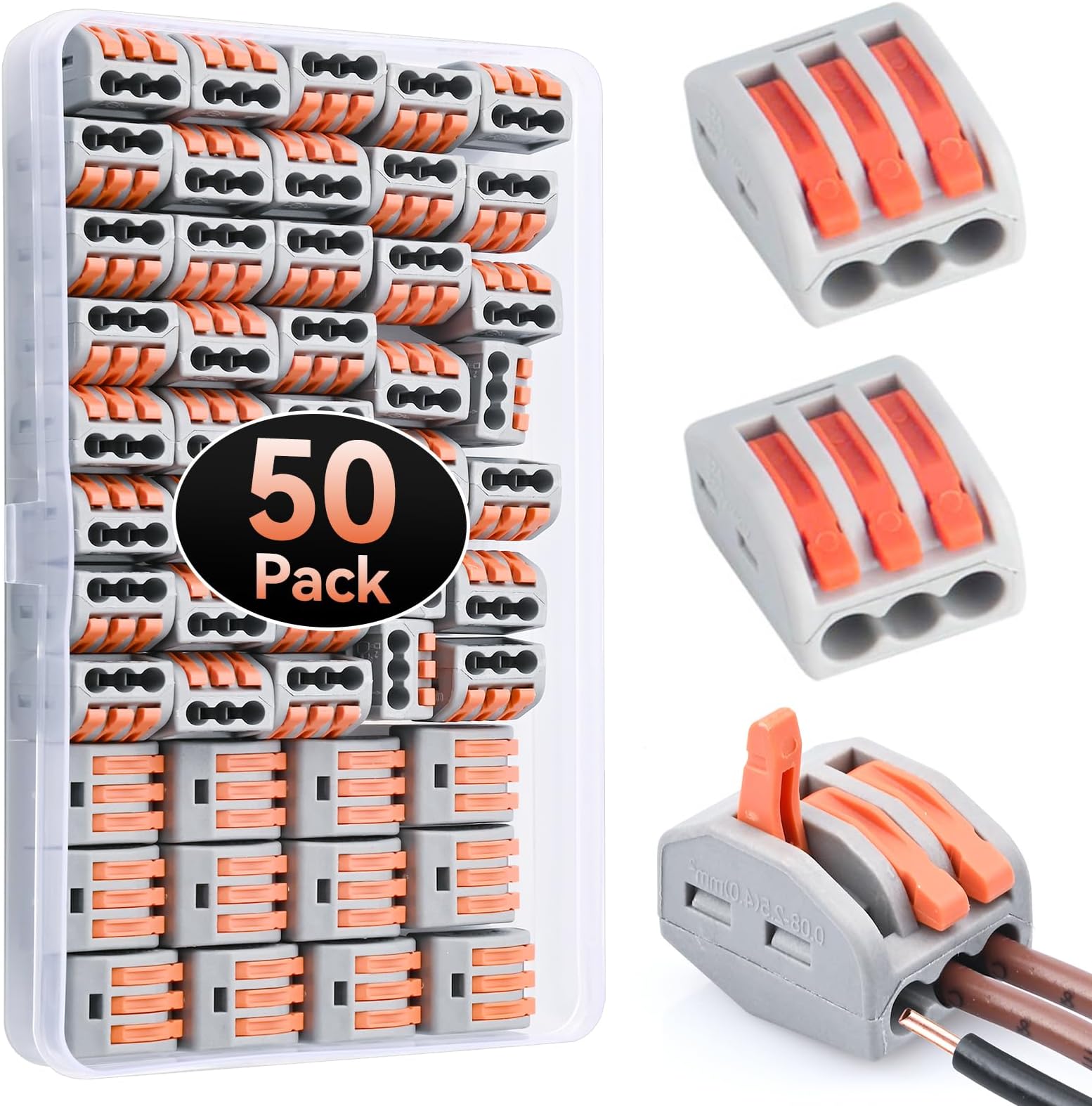 50pcs Wire Connectors, Preciva Electrical ConnectorBlocks, 3-Way Compact Cable Lever Nut Assortment Conductor, Terminal Block Quick Spring Connector with Clamp 3-Port (50PCS)