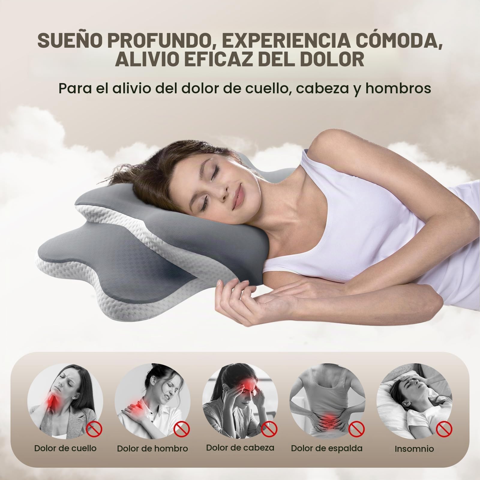 A-Pce Almohada Cervicales y Cuello para Dormir, Gris Claro | Almohada Ergonómica Tipo Mariposa, de Espuma Viscoelástica Transpirable,Ideal para Quienes Duermen de Lado o Boca Arriba