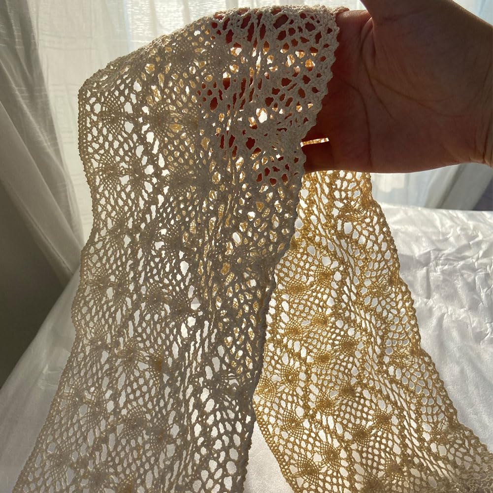 6.5 Yards Hollow Out Lace Trim Fabric 6.1 Inch Width Crochet Lace Ribbon Accessories for Sewing, DIY, Crafts, Clothing Applique, Handmade Table Runner, Placemat, Bridal Wedding Decor, Beige