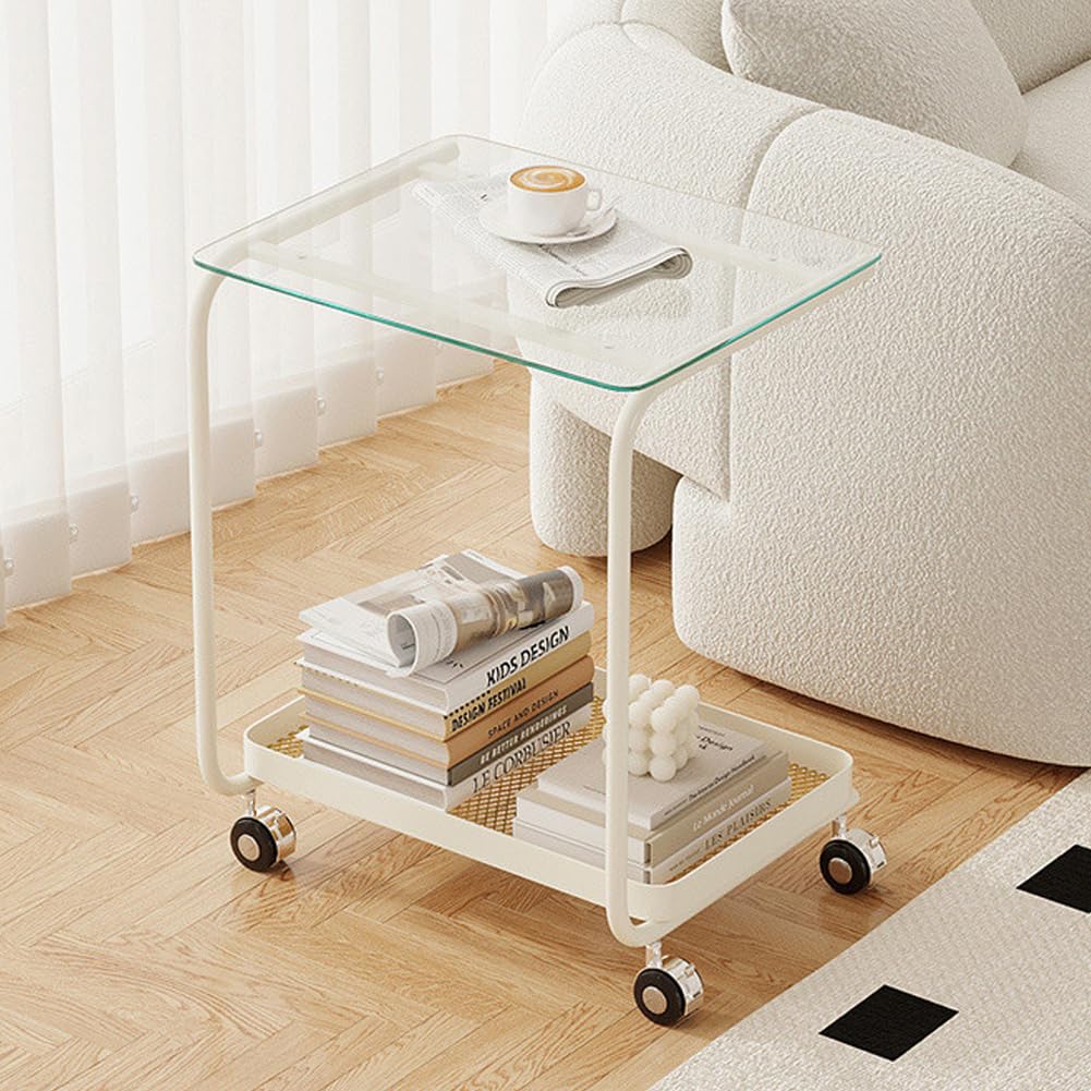 SXZenSpace Tempered Glass Snack Side Tables with Steel Frame, Portable Indoor Outdoor Couch C Table End Table,2 Tier Small Shelf for Living Room, Bedroom,white,transparent
