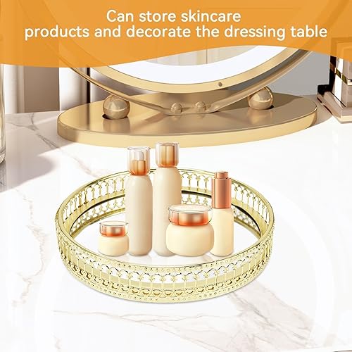 Miniatura 2 de Bandeja de espejo, bandeja de espejo dorada, bandeja redonda ornamentada, organizador de perfumes, bandeja de maquillaje, bandeja organizadora de