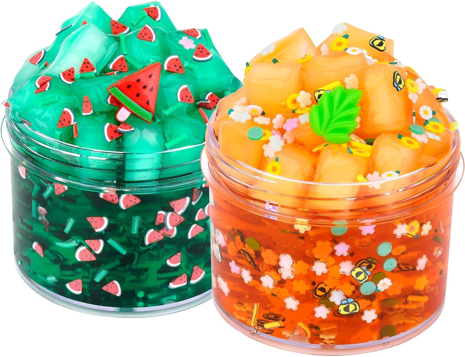 2 Pack Jelly Cube Crunchy Slime Kit with Leaves and Watermelon Charms Crystal Clear Slime Super Soft Putty Supplies Toys, Party Favors for Kids Valentine Slime for Girls BoysCarbonfree CertifiedClimeCo Certified