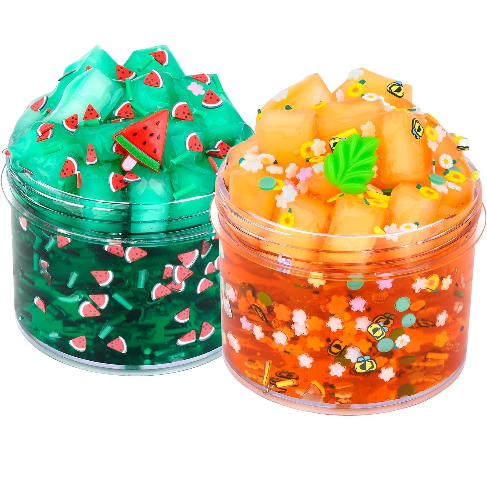 2 Pack Jelly Cube Crunchy Slime Kit with Leaves and Watermelon Charms Crystal Clear Slime Super Soft Putty Supplies Toys, Party Favors for Kids Valentine Slime for Girls BoysCarbonfree Certified
