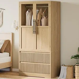 GarveeHome Bedroom Wooden Armoire Wardrobe Closet, Freestanding Large Wardrobe Armoire Cabinet with Glass Doors and 2 Drawers, Shelves & Hanging Rod for Bedroom, Clothes, Natural