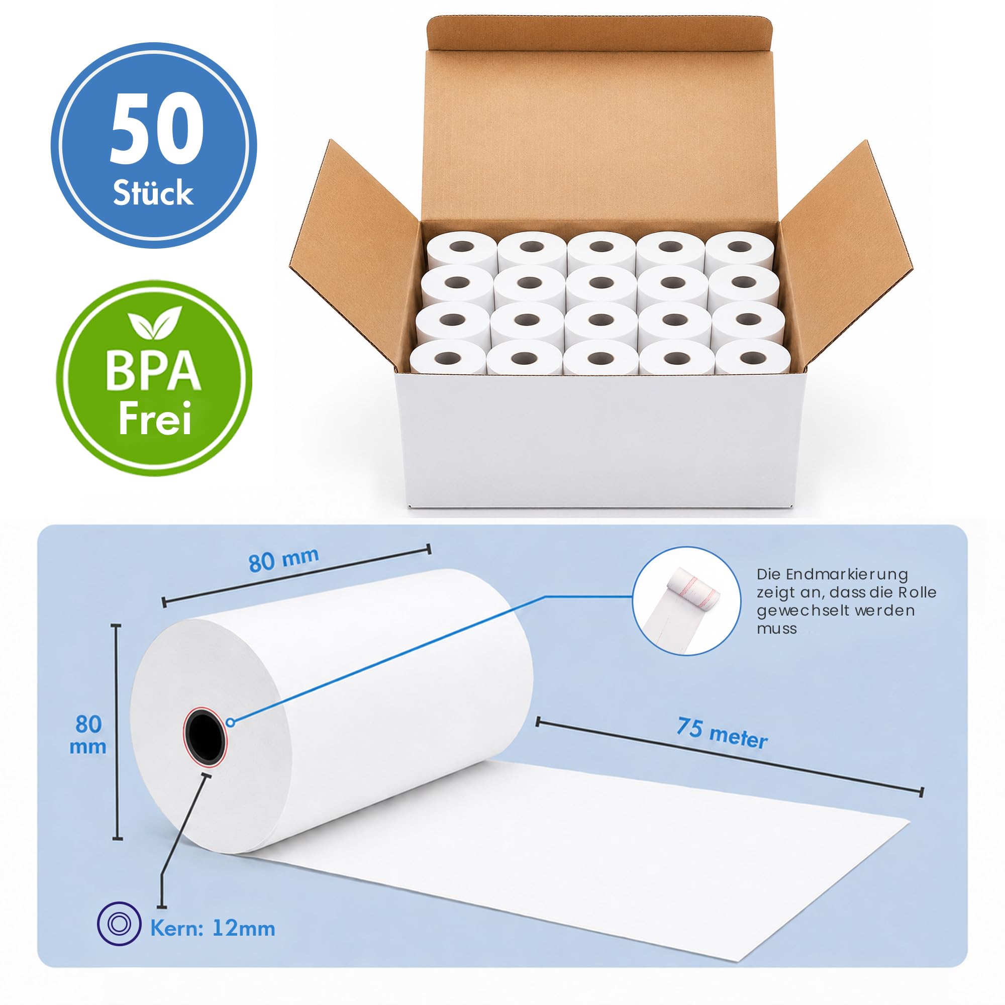 Xllent Thermorollen 80mm x 80mm x 12mm - 50 Stück, Kassenrollen aus Thermopapier, Bonrollen Thermo, hochwertige Thermopapierrollen für Registrierkasse, BPA frei