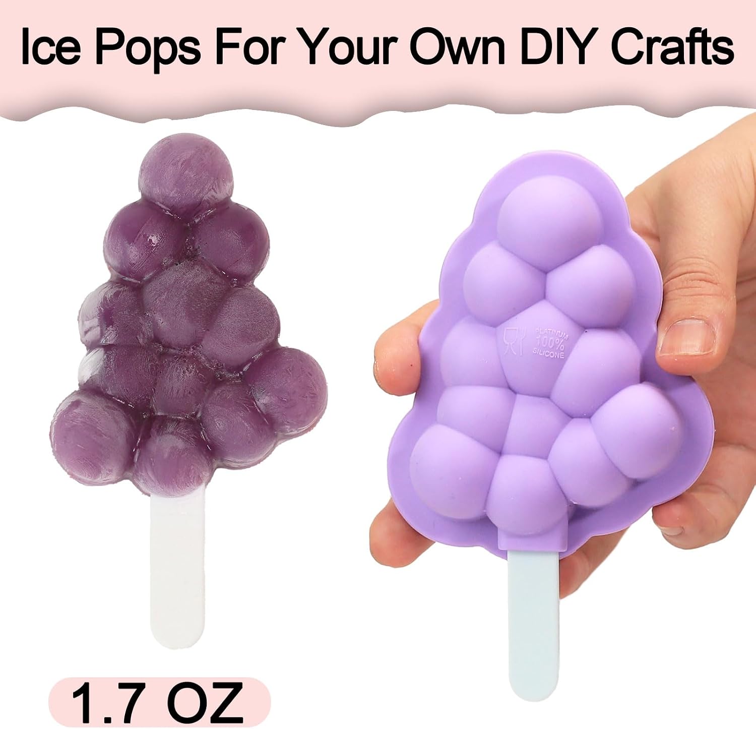 Popsicles Molds Silicone with Sticks, 2 Pcs Ice Pop Molds for Homemade Ice Cream Frozen Snacks, Reusable Popsicles Maker with Lid for Kids, Grape-Shaped, BPA-Free Dishwasher Safe