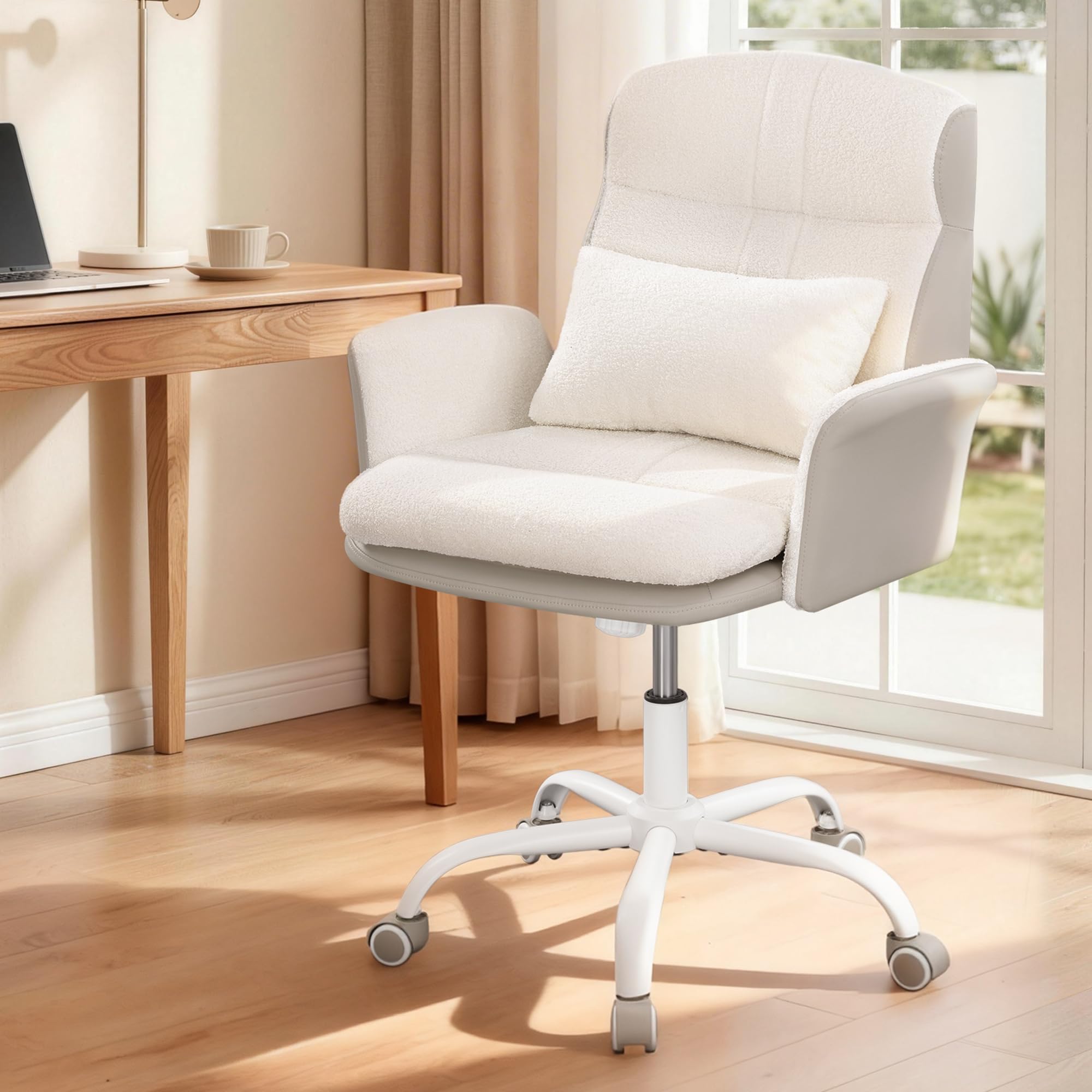 Hzuaneri Home Desk Chair with Cushion, Swivel Office Chair with Rocker Function, Breathable Chenille Chair for Bedroom and Living Room, Modern Office Chair, Beige and White The Forest Stewardship Council