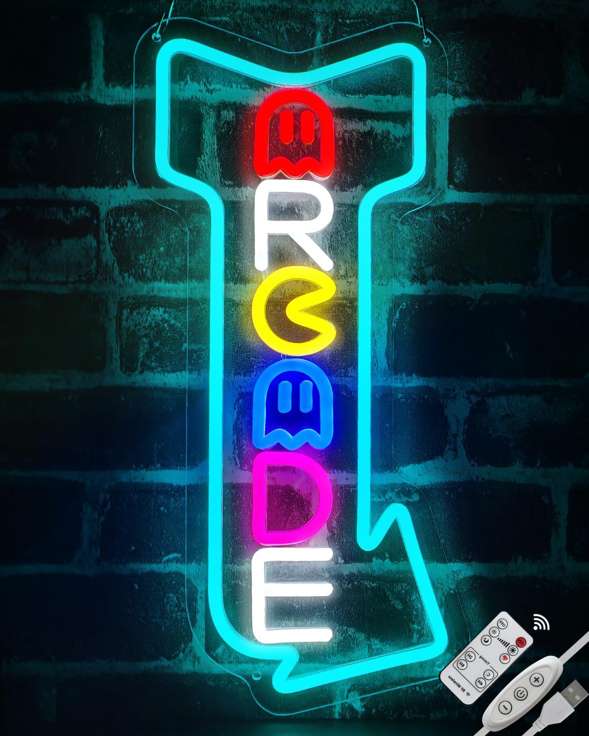 Arcade Neon Signs Arrow Style Right LED Light Gaming Lights Remote Dimmable for Wall Decor USB Powered Neon Gaming Sign for Game Rooms, Bars, Pac-man Retro Arcade Decor Gifts for Teenage Boys, Kids