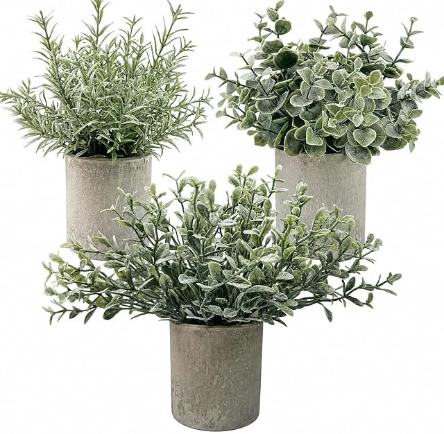 Plantes artificielles décoratives en pots 3 - Mini Plantes en pot: Eucalyptus en plastique, Feuilles de Chrysanthemum, gazon Jade Leaf. Faux intérieur pour bureau, Table à café, Mur, Décoration de chambre