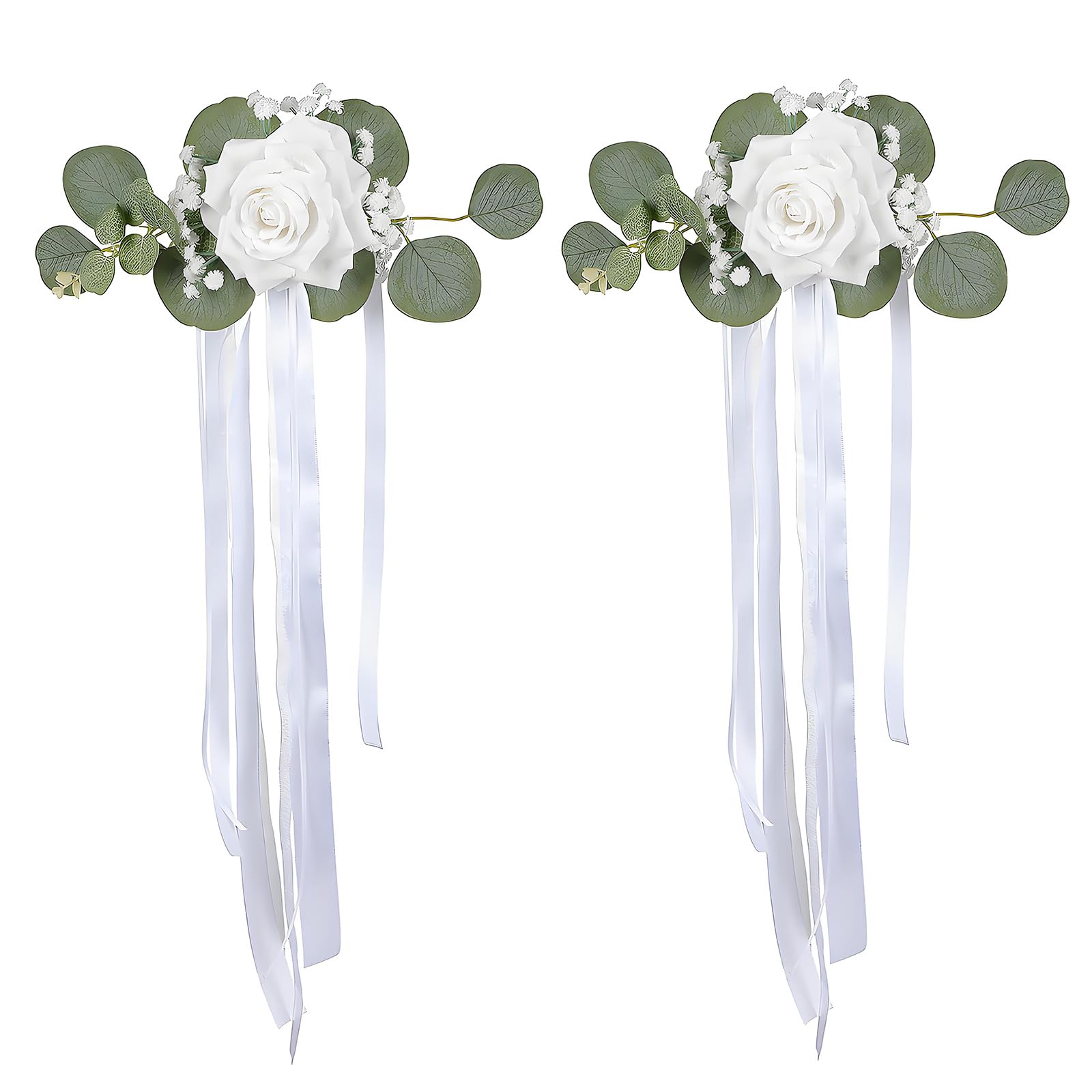 Artificial Rose Chair Decor with White Ribbon Tails, Faux Floral Wedding Accent for Chairs, Vehicles and Aisles Artificial Rose Chair Decor Wedding Flowers Vehicle Floral Accent White Faux Flower