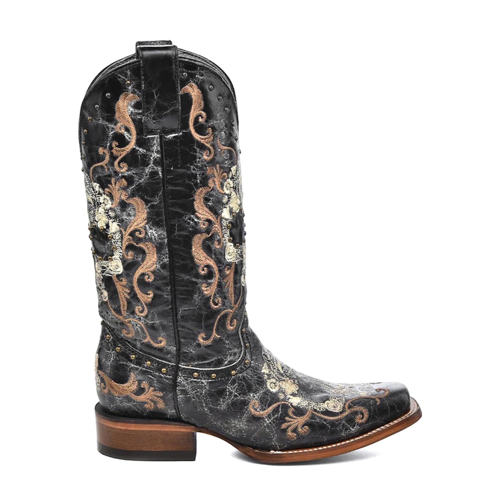 Women Floral Embroidered Cowboy Cowgirl Boots Square Toe Pull on Chunky Heel Knee High Western Boots