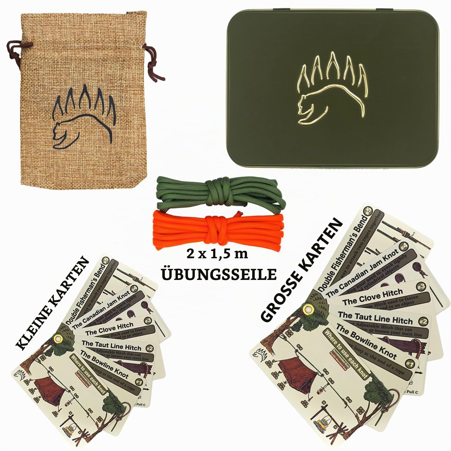 The Bear Essentials Knotenbindungsset – Beste Camping-Knoten-Edition – wasserdichte Knotenkarten, Übungsseile, in unserer Aluminiumdose