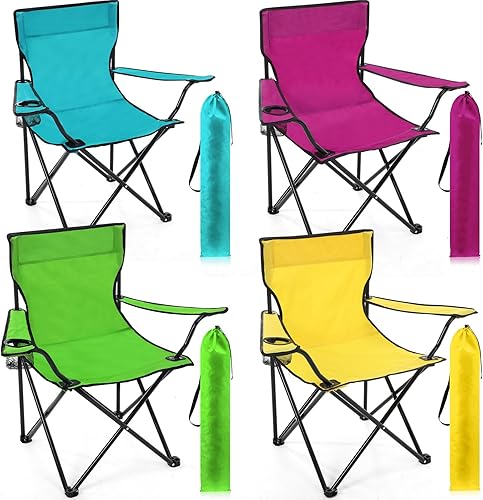 4 sillas plegables de camping con portavasos y bolsa de transporte, tamaño regular, silla de césped ligera portátil con bolsillo lateral de malla