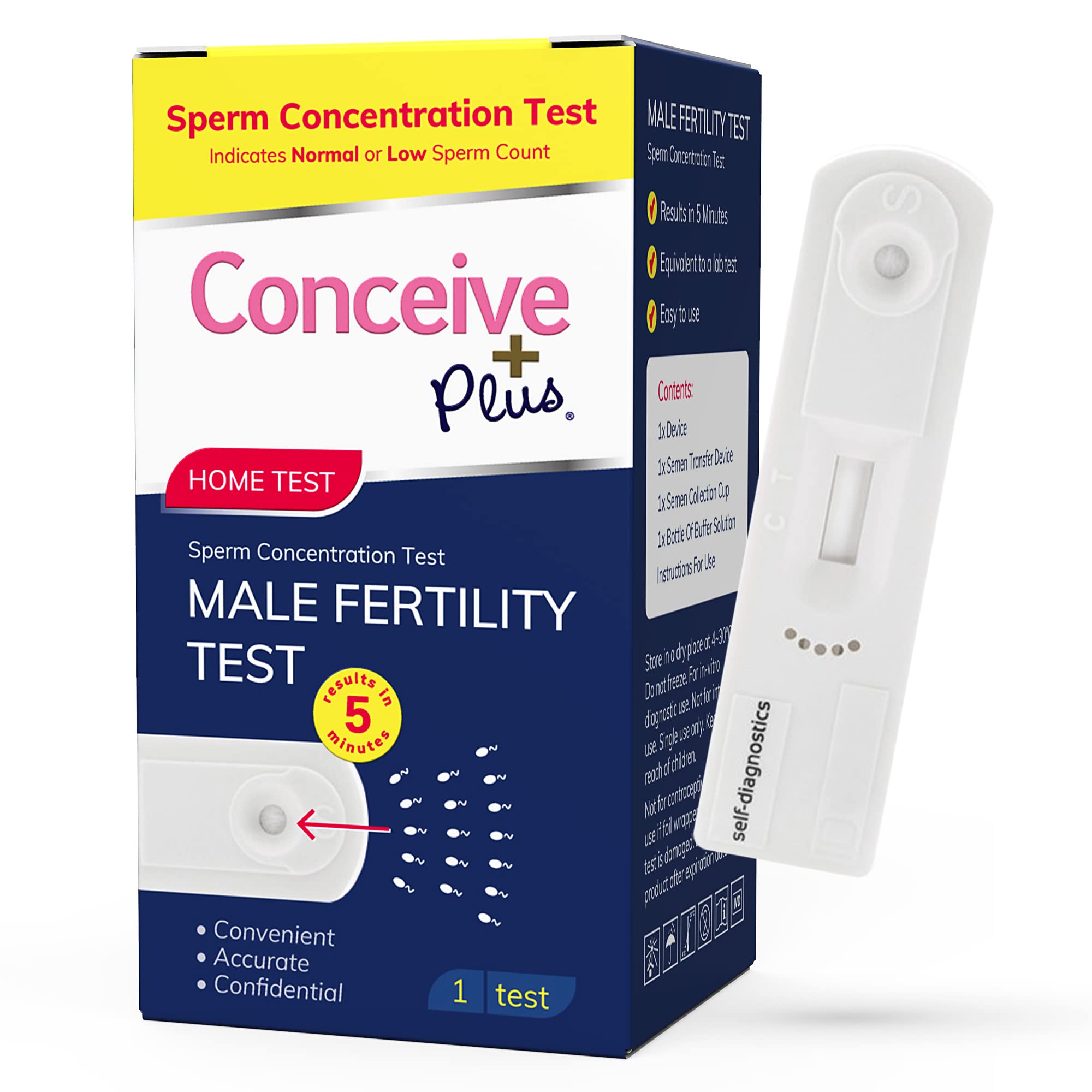 Conceive Plus Male Fertility Test - Sperm Concentration Rapid Tests, Results in 5 Minutes | Easy to Use at Home & Discreet | Indicates Normal Or Low Sperm Count | 1 Test Kit.