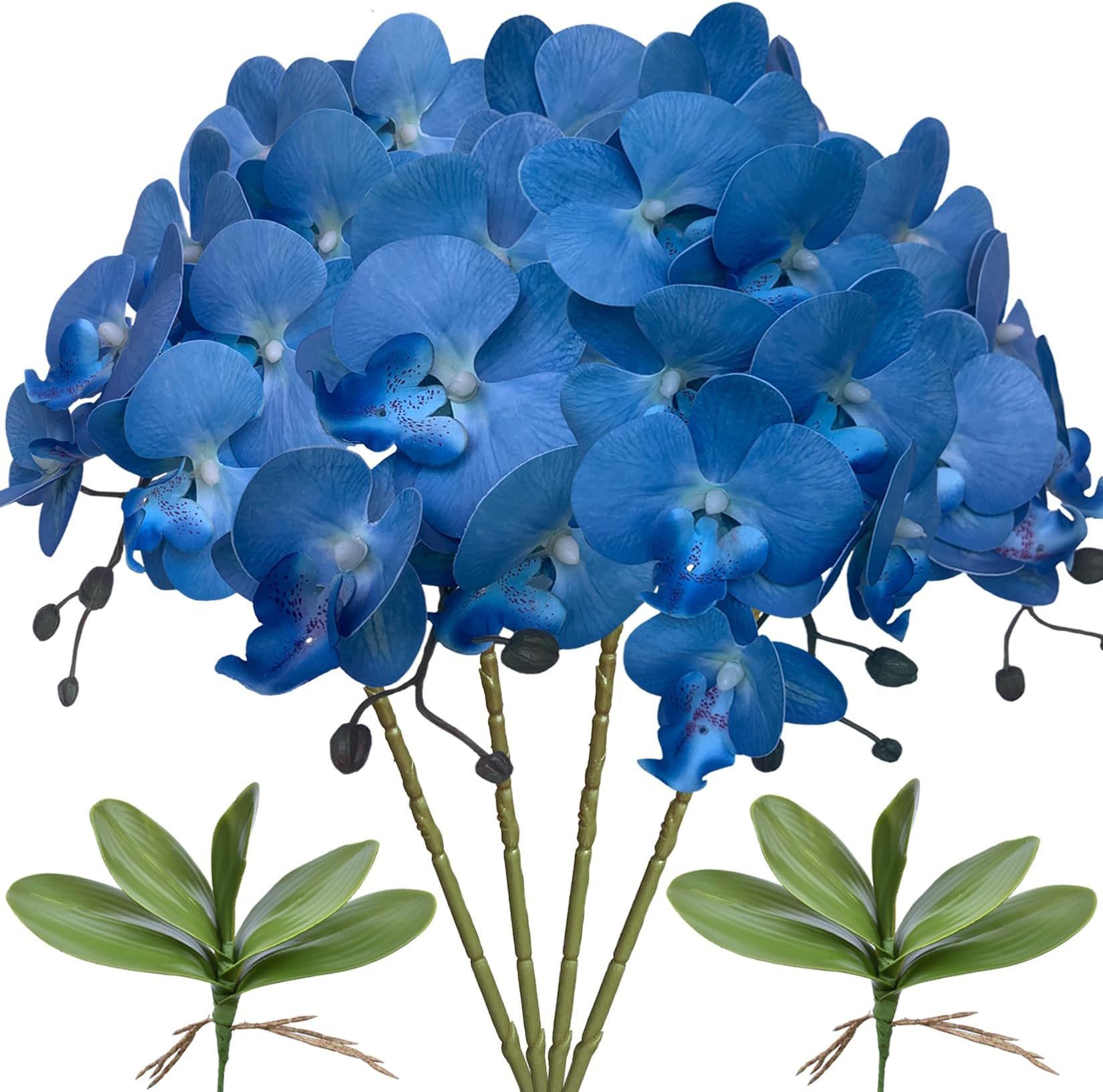 FagusHome 32" Artificial Phalaenopsis Flowers 4 Pcs with 2 Bundles Leaves Artificial Orchid Flowers Stem Plants Fake Butterfly Phalaenopsis Flowers for Home Wedding Party Décor (Blue)