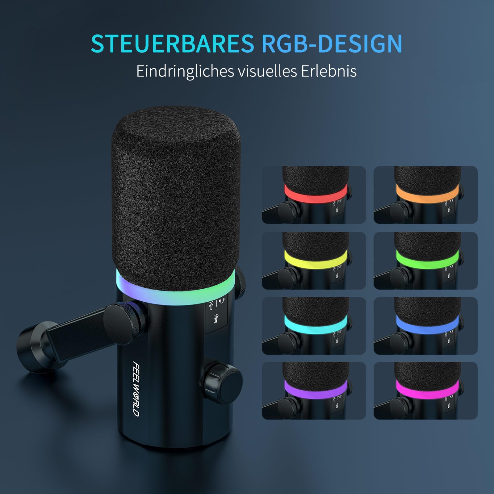 FEELWORLD PM1 XLR/USB Dynamisches Mikrofon für Podcast-Aufnahmen, Gaming-PC-Computer-Mikrofon mit RGB-Licht, Stummschaltung, Kopfhöreranschluss, Herzförmige Richtcharakteristik, für Studio YouTube.