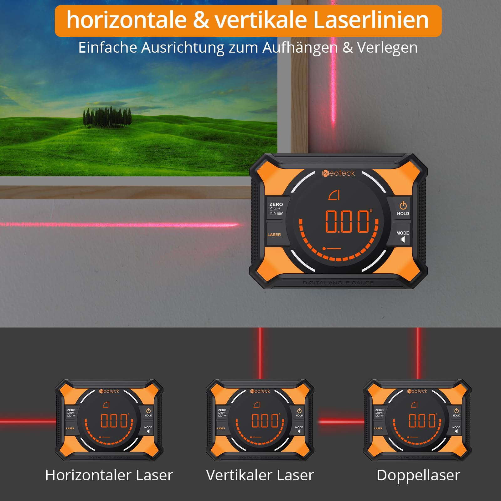 Neoteck Digitaler Winkelmesser 3 IN 1 Neigungsmesser Laser Wasserwaage mit LED Display, Kreuzlinie für Holzarbeiten, Säge, Hängerahmen, DIY